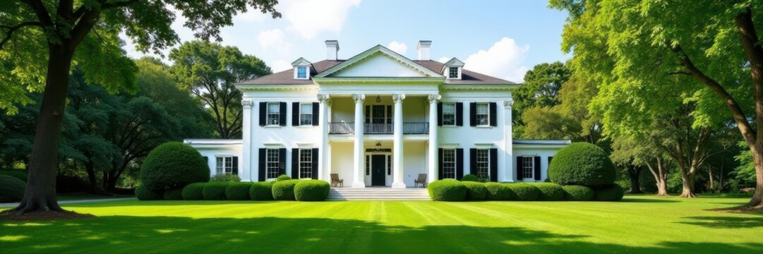 Grand Southern mansion, white columns, sprawling lawn, heritage, real estate