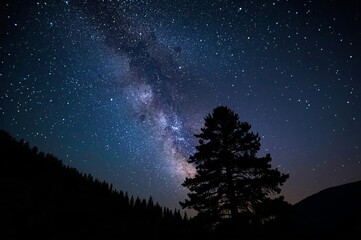 A silhouette of a tall tree stands against a breathtaking night sky filled with stars and the glowing band of the Milky Way, creating a serene and awe-inspiring scene.