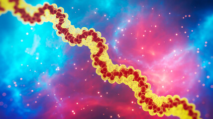 Detailed 3D protein molecular visualization, vibrant blue-pink gradient background