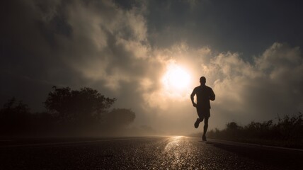 Silhouette of a male athlete running on a road at sunset for fitness and healthy lifestyle concept