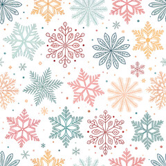 Seamless repeating pattern of colorful snowflakes in pastel palette, playful and modern, no text
