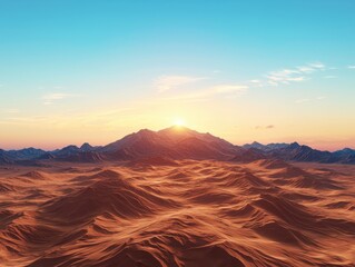 Naklejka premium Sunrise over serene desert landscape majestic mountains nature photography tranquil environment aerial view captivating beauty