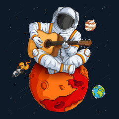 Hand-drawn astronaut in space suit sitting on Mars surface, playing guitar. Creative cosmic illustration with detailed space and musical theme. © asgraphics13