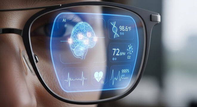 Augmented Reality Smart Glasses Displaying Health Data and Brain Scan.