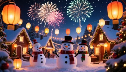 Festive snowmen celebrate new year s eve with colorful fireworks and glowing lanterns in a winter village