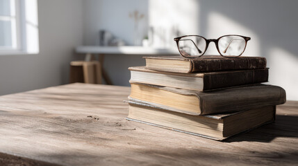 Stack of vintage books with glasses on top on wooden desk in bright room with soft natural light