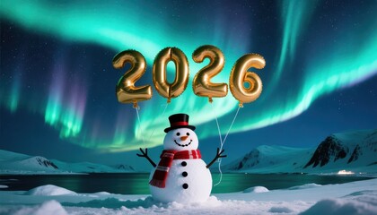 Festive snowman with 2026 balloons celebrates the new year under the vibrant aurora borealis