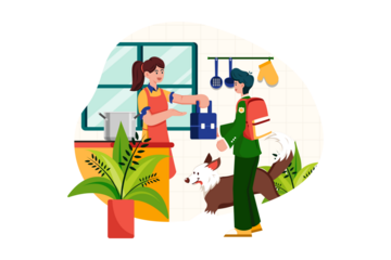 Person Receiving a Blue Bag in a Kitchen with Orange Accents and a Dog with Transparent Background