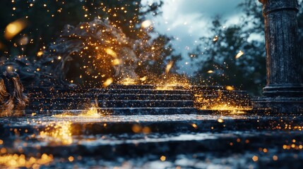 Igniting magic sparkling embers dance on ancient steps in a mystical forest landscape