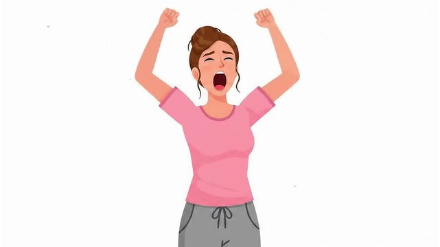 A colorful 2D flat cartoon animation of a completely exhausted woman doing a huge, exaggerated yawn. Perfect for illustrating tiredness, boredom, or the need for rest in a fun, relatable way.