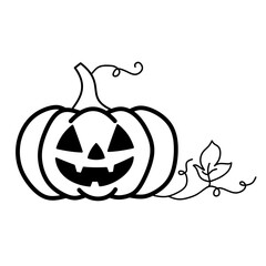 Halloween Pumpkin Jack O’Lantern Outline Vector with Vine and Leaf – Minimalist Line Art Style for Sticker, Decoration, and Digital Design