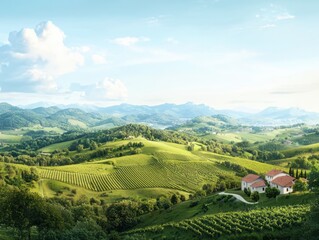 Naklejka premium Breathtaking vineyard landscape overlooking rolling hills tuscany nature photography serene environment panoramic view