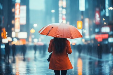 Elegant woman with orange umbrella walks city streets in the rain experiencing the vibrant nightlife