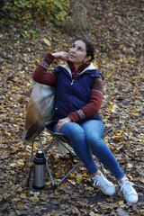 Picknic in the fairy beatiful forest in autumn