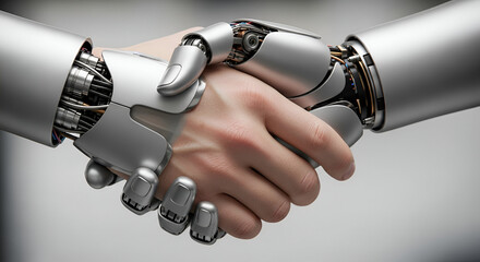 Human and Robot Handshake Symbolizing Future Collaboration.