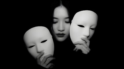 A pensive woman in a dark studio holds two blank masks symbolizing hidden identity and introspective reflection