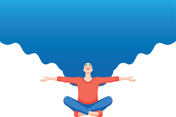 Vector art of a person sitting in a lotus position with arms outstretched, , with a large blue cloudlike hair shape above their head