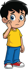 Cartoon child feeling worried, emotional expression, yellow shirt, blue pants, red sneakers, vector art, confused kid, white background, anxiety pose