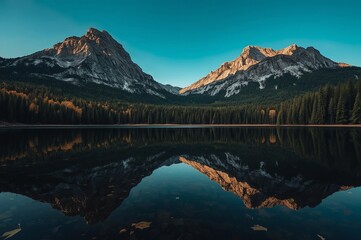 A serene mountain landscape at sunrise, with two peaks bathed in warm golden light. Their reflection is perfectly mirrored in the calm, clear lake below. Surrounding the water are dark green pine tree