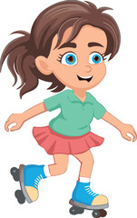 Cartoon child roller skating, happy girl in motion, playful activity, outdoor fun, vector illustration, sports character, energetic movement design