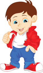 Cartoon child standing, thumbs up gesture, red jacket, white shirt, blue pants, cheerful expression, vector illustration, white background, school theme