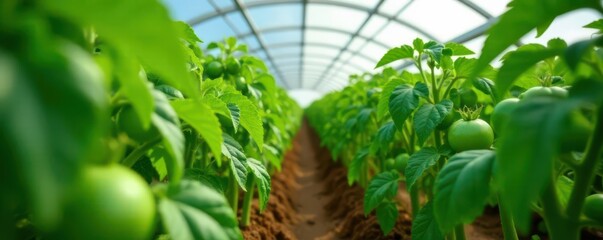 Lush green tomato plants thriving in a greenhouse , produce, hydroponics, soil