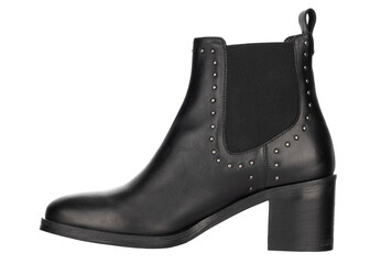 Black Leather Heeled Ankle Boot with Studs. Side View