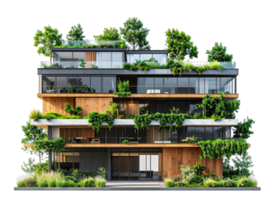 Modern architectural design showcases a multi-story building with a unique, environmentally conscious approach, featuring abundant green foliage, wooden paneling, and expansive glass windows.