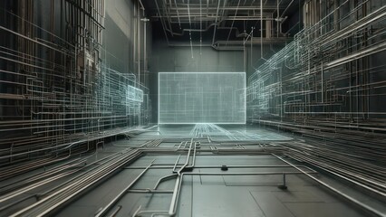 Futuristic digital tunnel with glowing screen and data streams.