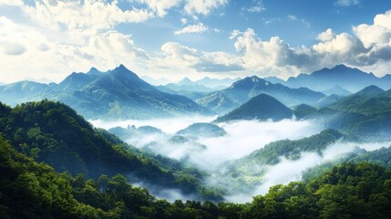 Breathtaking mountain landscape with misty valleys at dawn nature photography serene environment wide view