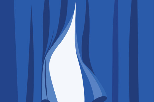 Vector art of a blue curtain is pulled back to reveal a bright white space, symbolizing a reveal or opening