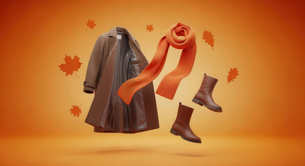 Fototapeta premium Stylish autumn fashion display featuring a brown coat, orange scarf, and brown boots against a warm fall background with floating leaves, embodying seasonal elegance and comfort