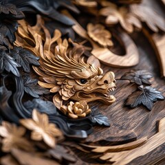 Intricate wooden dragon carving art studio sculpture close-up detailed craftsmanship cultural heritage