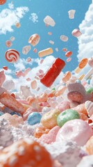 Candy explosion celebration sweet wonderland digital art colorful sky upward perspective joyful concept
