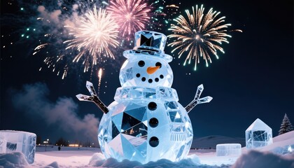 Magical ice snowman sculpture illuminated at night with colorful fireworks exploding above