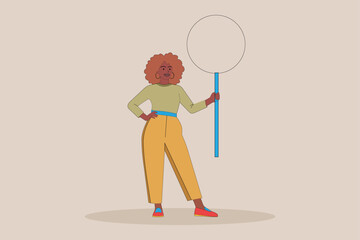 Vector art of a woman with an afro and stylish clothing stands confidently with a measuring tape in her hand, against a neutral background