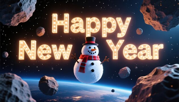 Whimsical snowman celebrates happy new year among asteroids in outer space