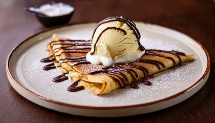delicious chocolate drizzled crepe topped with scoop of vanilla ice cream served on stylish plate perfect dessert for any sweet tooth
