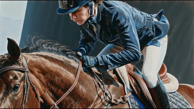 Successfully Overcoming an Obstacle: A stylized, slow-motion video sequence of a close-up of a spectacular, tense jump over a hurdle by an equestrian athlete on her horse