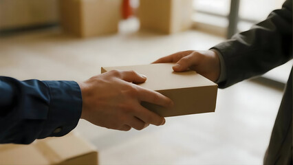 Hands exchanging cardboard package symbolizing delivery and shipping service