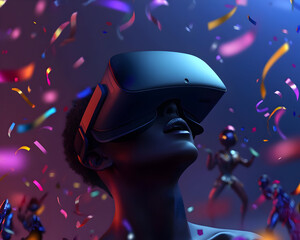 Excited Woman Wearing VR Headset At A Night Party With Confetti