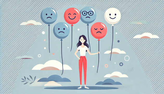 A modern flat vector illustration of a woman holding four balloons, each displaying different facial expressions