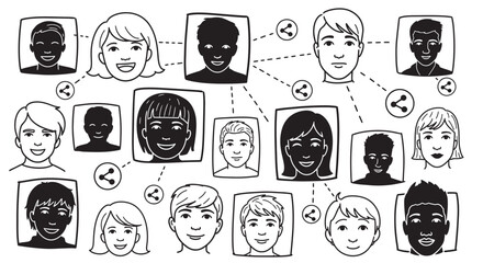 Collection of Hand Drawn Faces in Doodle Style &ndash; Black Line Silhouettes of People for Social Network Concept &ndash; Vector Illustration simple