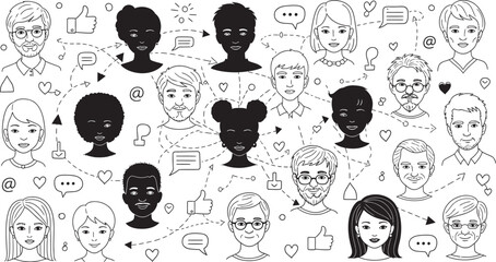 Collection of Hand Drawn Faces in Doodle Style &ndash; Black Line Silhouettes of People for Social Network Concept &ndash; Vector Illustration hand drawn