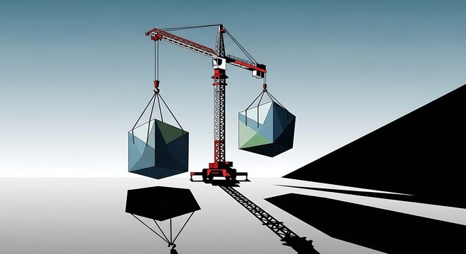 Crane balancing heavy loads in perfect equilibrium.