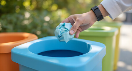 Person Throwing Paper into Recycling Bin