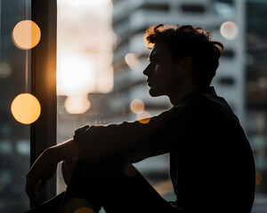 Young Man Silhouetted By Sunset Window