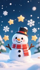 Obraz premium Cute cartoon snowman wearing a hat and scarf surrounded by falling snowflakes and stars