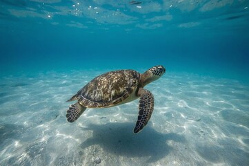 Obraz premium A sea turtle gracefully swims underwater in clear, blue ocean waters, with sunlight creating patterns on the sandy seabed below.