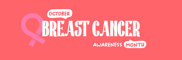 Breast cancer awareness month concept horizontal banner design template with pink ribbon and text isolated on pink background. October is Breast cancer awareness month vector flyer, banner, poster
